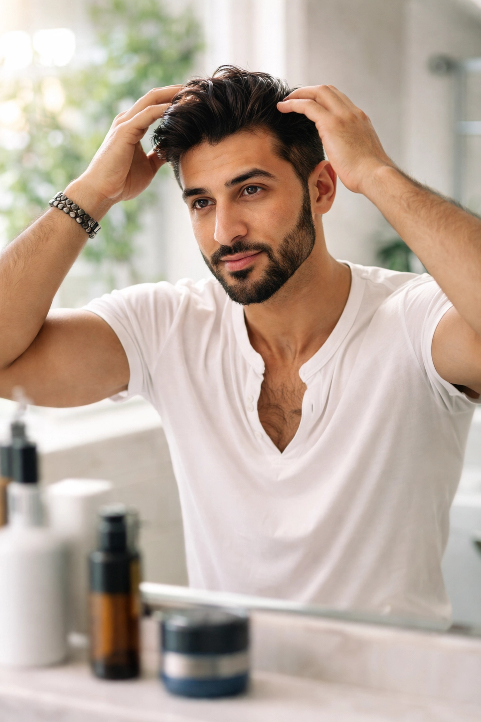Middle Eastern man styling his hair with product in a well-lit bathroom, demonstrating quick hair care