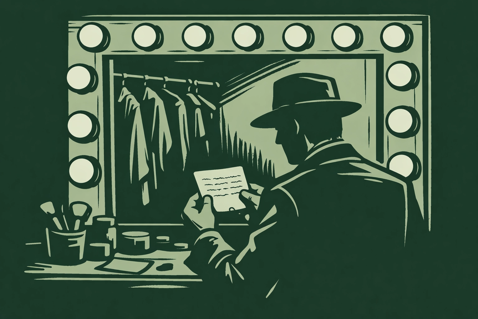 Theater dressing room investigation scene from gay psychological thriller murder mystery