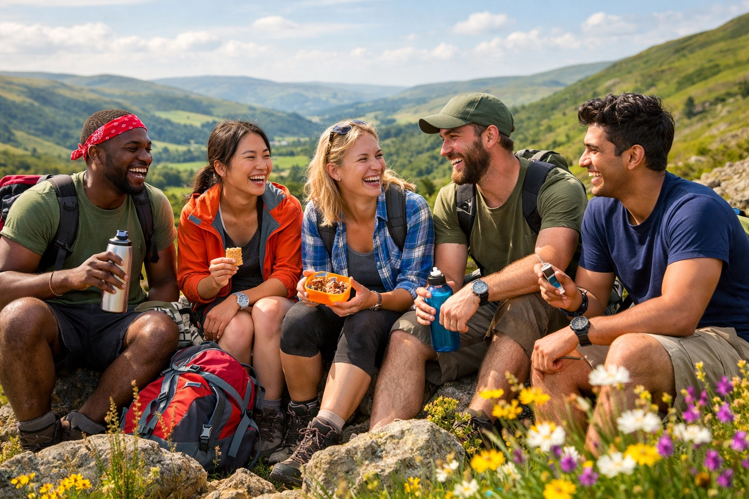 Group of hikers taking a break together on UK hillside during guided tour