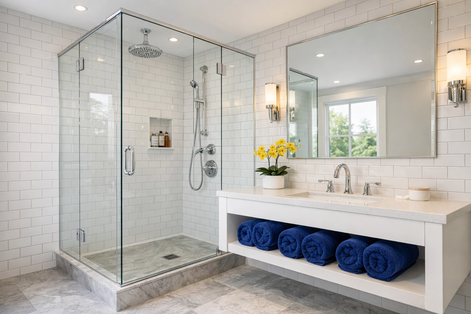 Luxury bathroom with pristine white tiles and shining fixtures after a deep cleaning MA service.