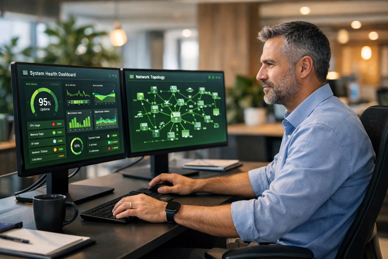 IT Operations Manager analyzing ITOM health dashboards for reduced MTTR in a modern office.