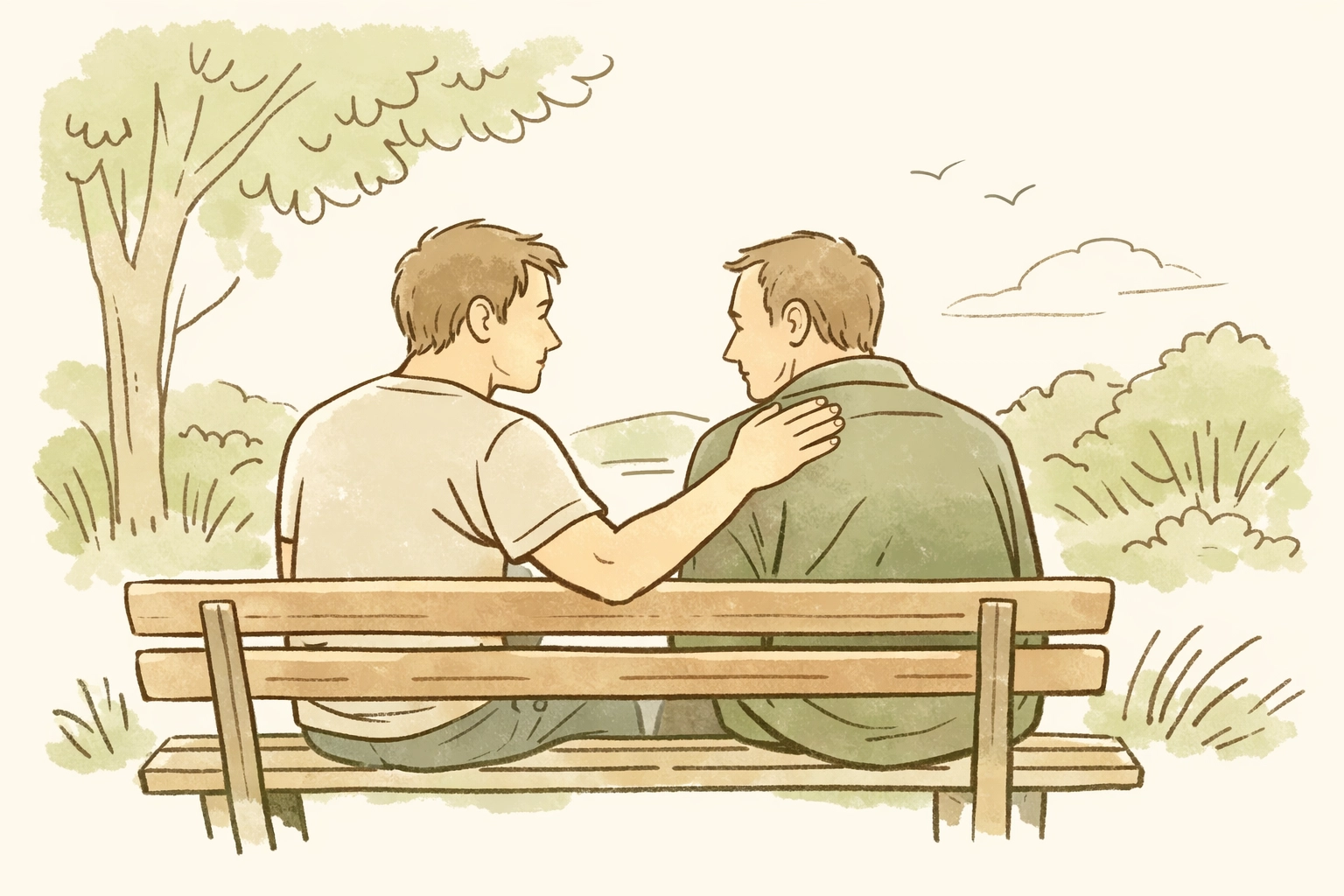 Two gay men connecting in person after leaving social media, finding LGBTQ+ community offline