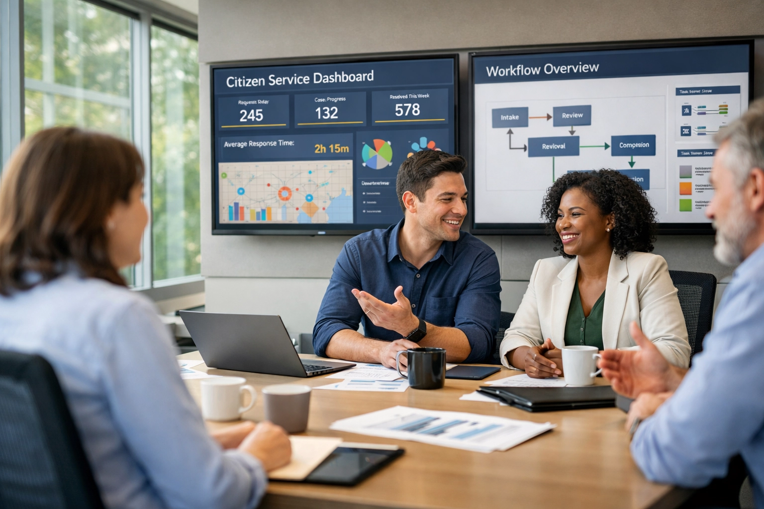 Government agency team collaborating on ServiceNow citizen service workflows and dashboards