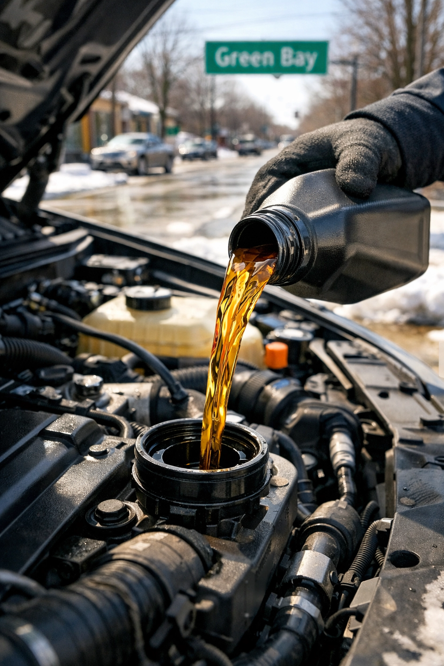 A technician performing a mobile oil change on a car in Green Bay to maintain engine health.
