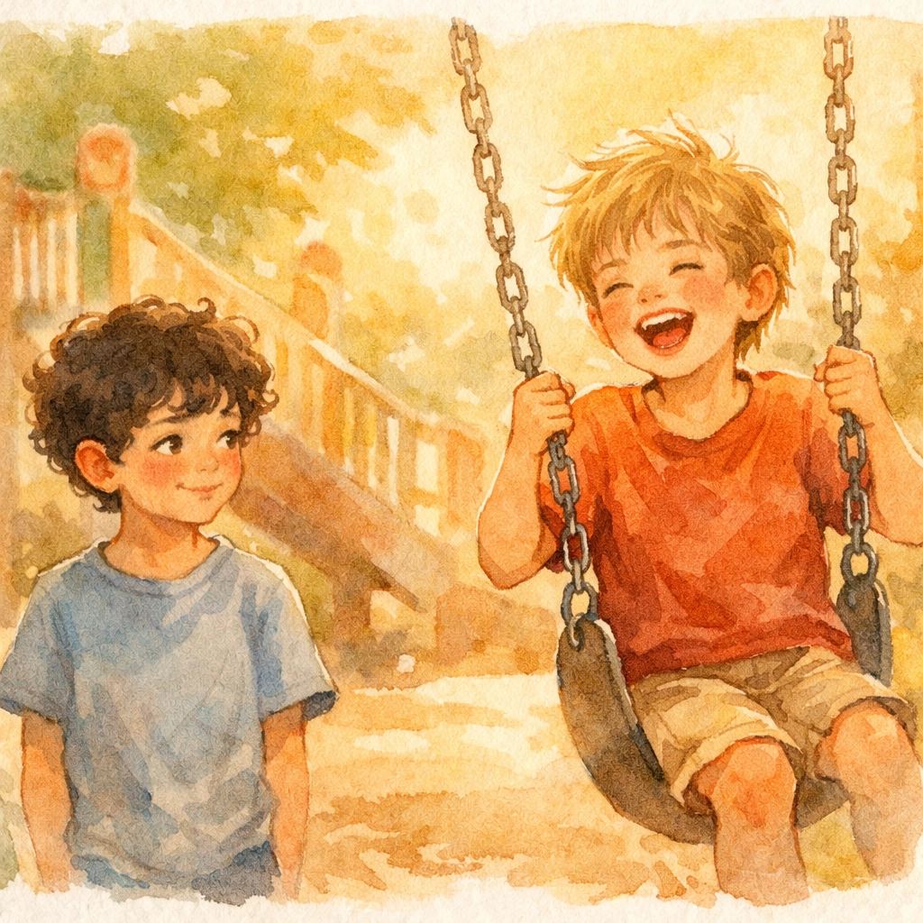 Two young boys on playground, one stealing glances at his friend - early gay childhood crush