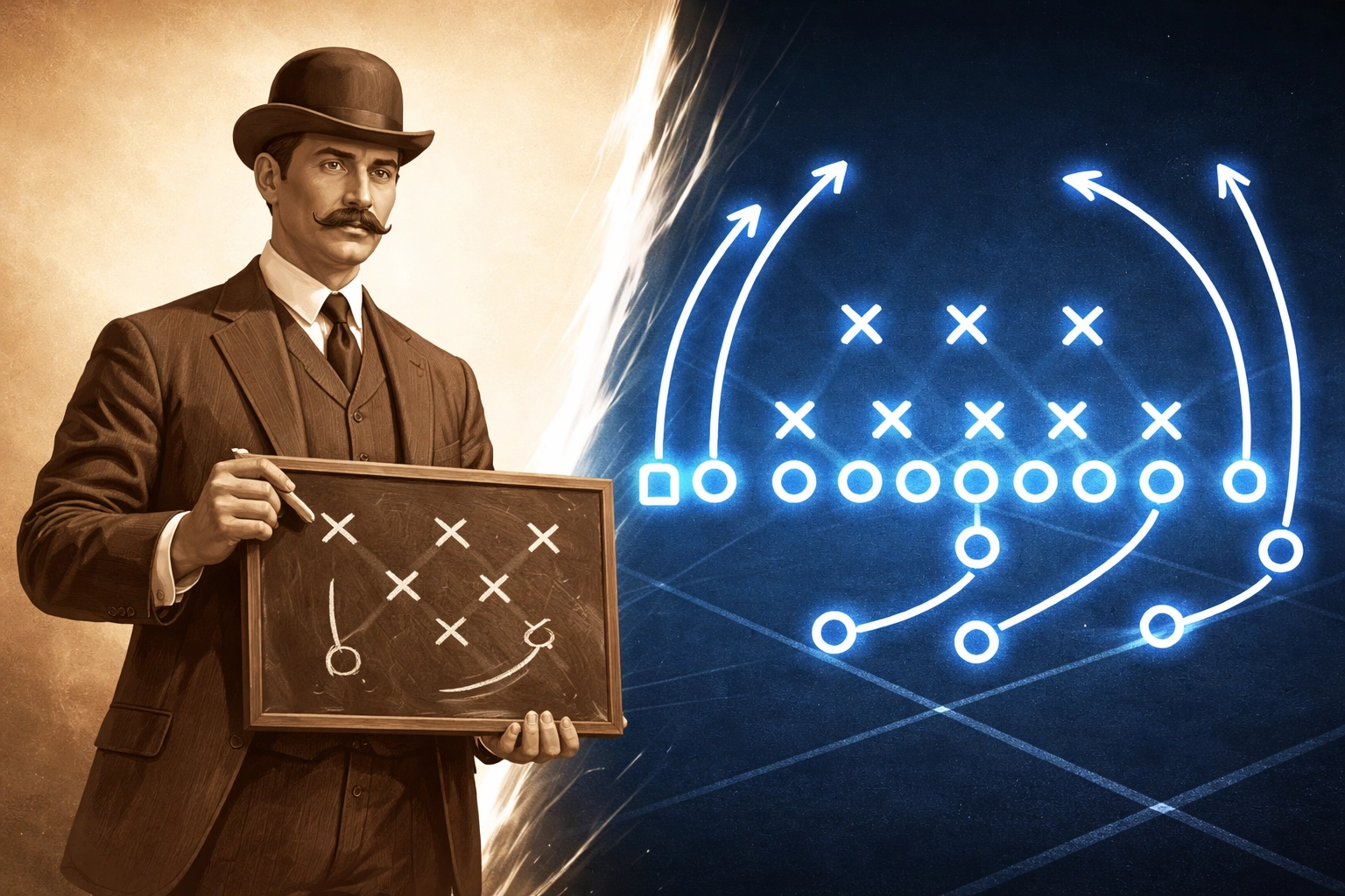 Split-image showing Walter Camp's football strategy chalkboard on one side and a modern 11-player formation on the other, illustrating the evolution of American football