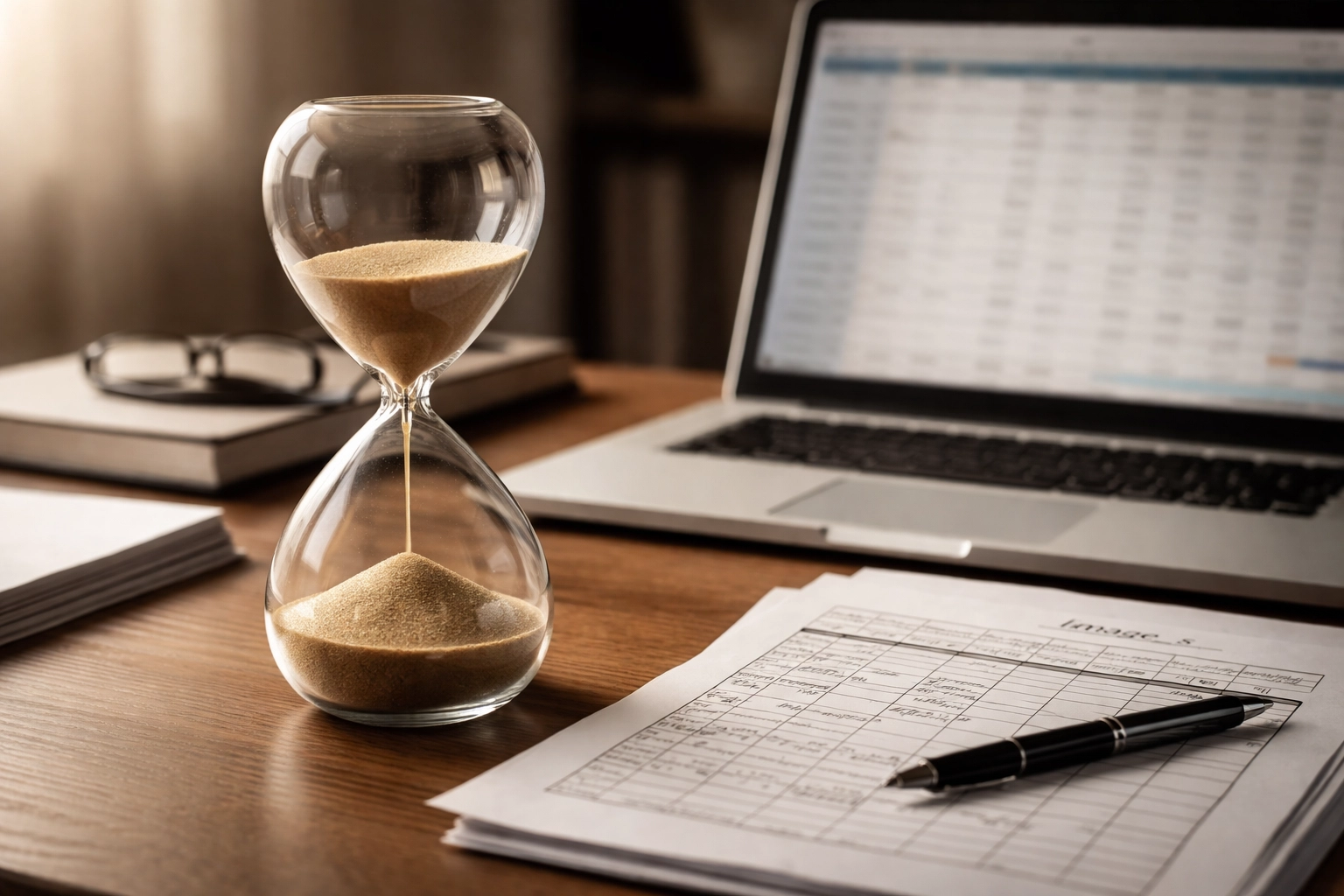 Hourglass with sand flowing next to payroll spreadsheets, symbolizing small business owners' time lost to manual payroll tasks