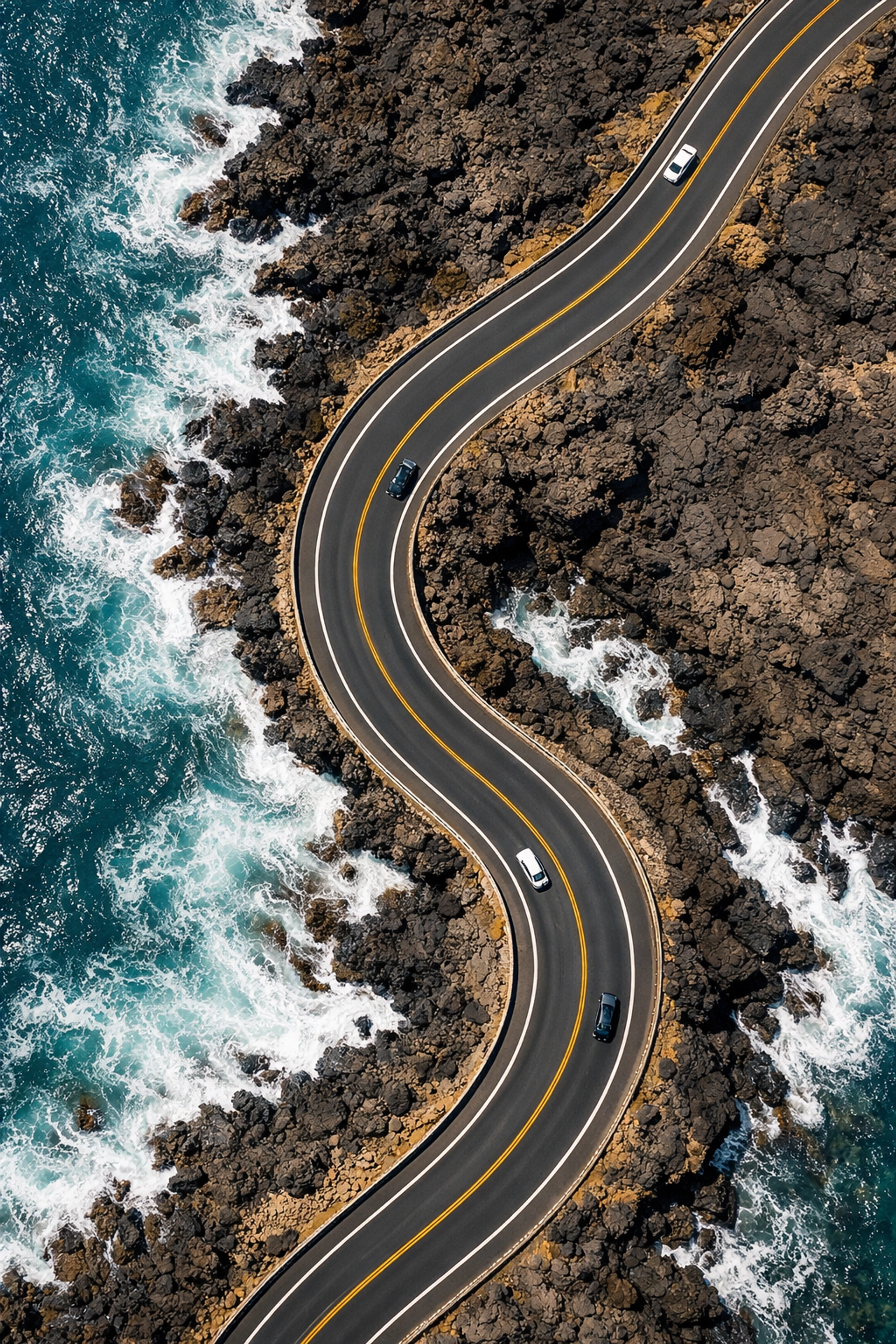 Top-down drone shot of a winding coastal road, illustrating aerial trends in the latest photography news.