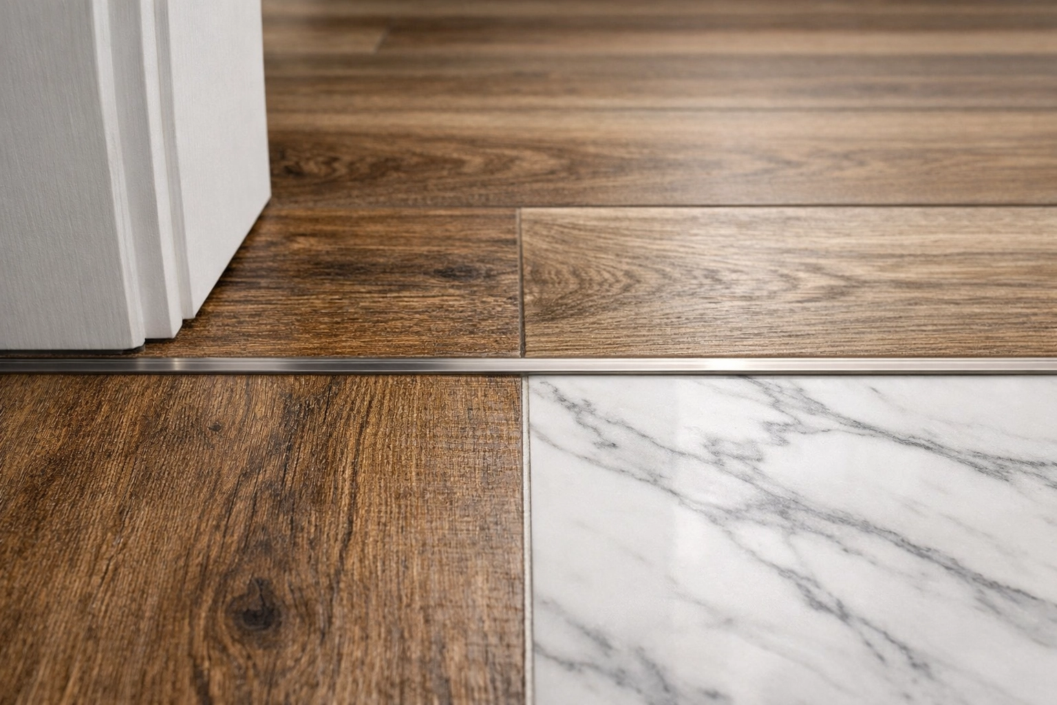 Expert flooring renovation in Orlando showing a seamless transition between wood-look planks and marble tiles.