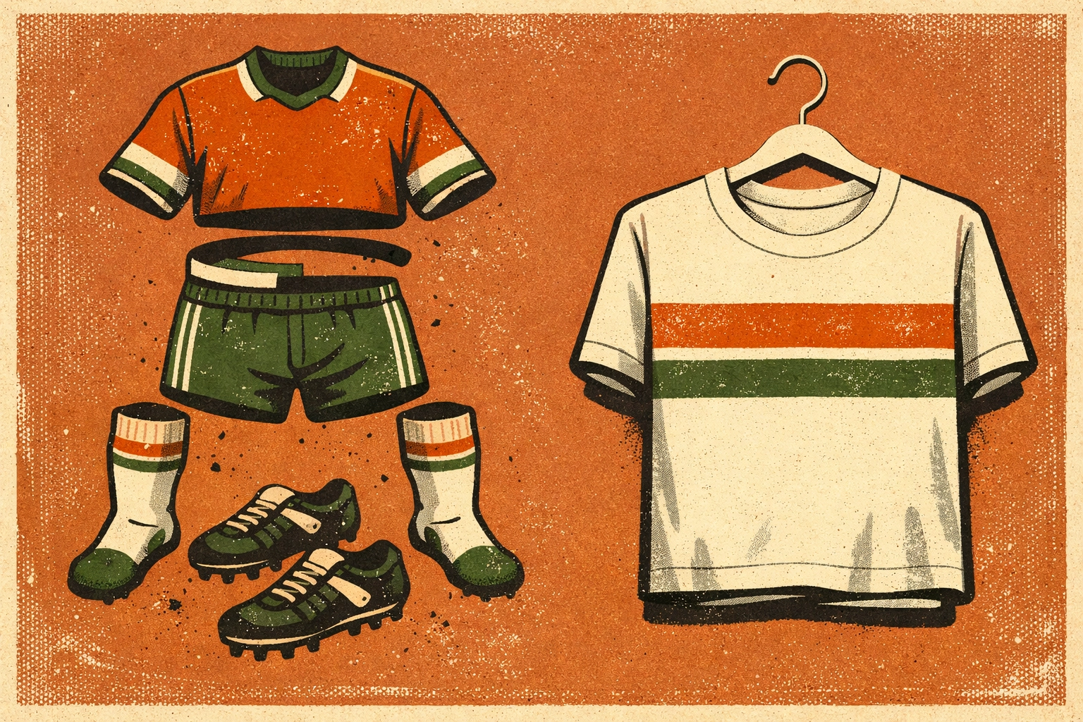 Football kit deconstructed next to folded graphic tee showing vintage streetwear comparison