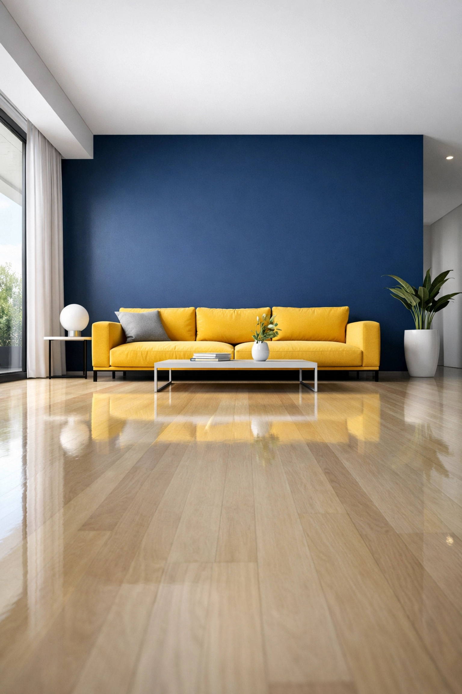 Minimalist living room with polished hardwood floors and navy accents showing optimal energy flow after deep cleaning.