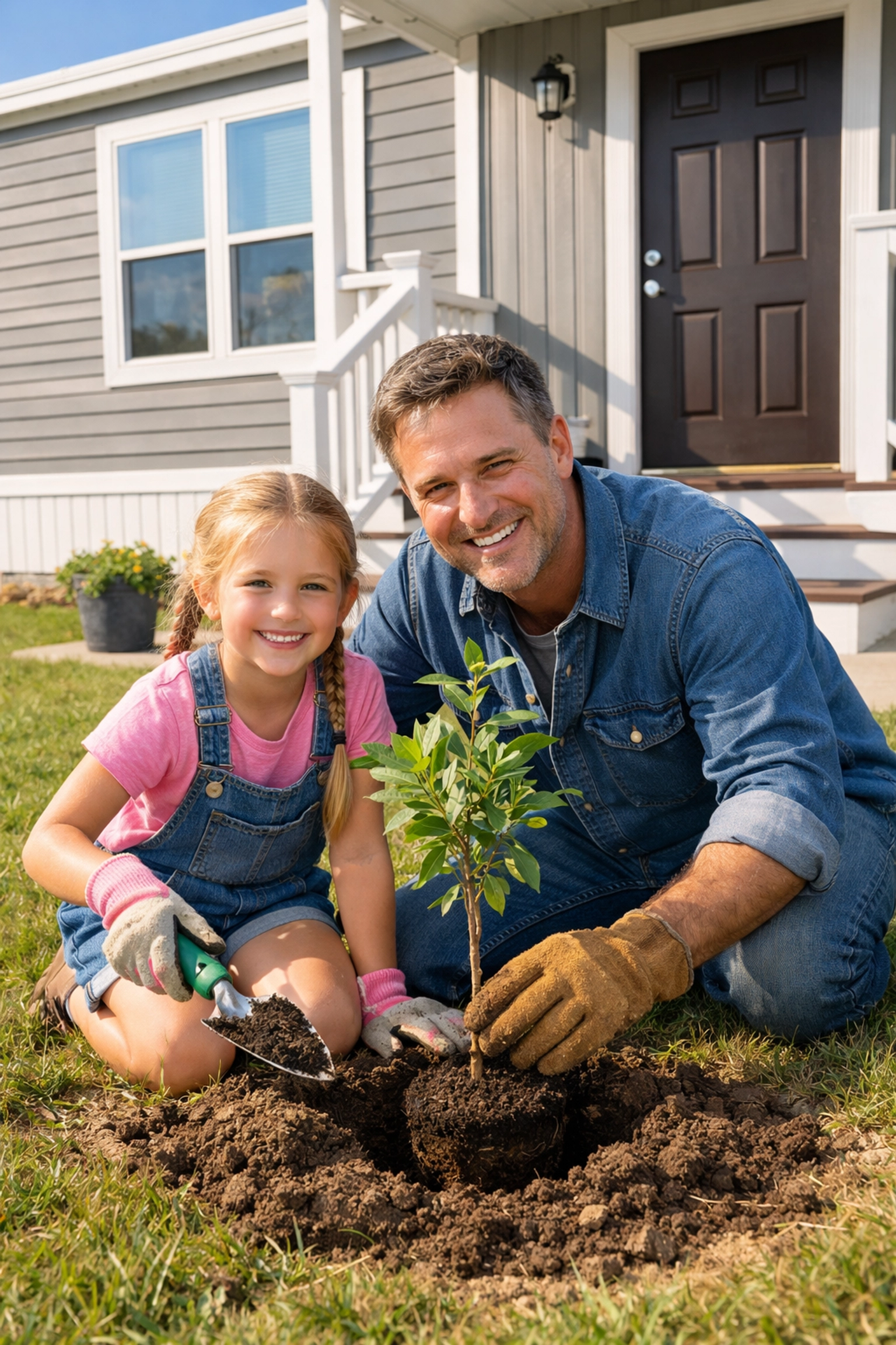 Family enjoying the stability of homeownership by planting a tree at their new manufactured home in Crosby.