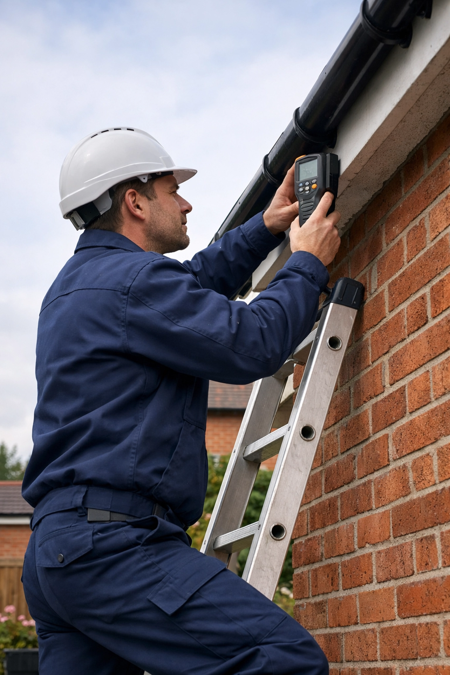 Professional solar installer conducting a detailed site survey on a UK red-brick home.