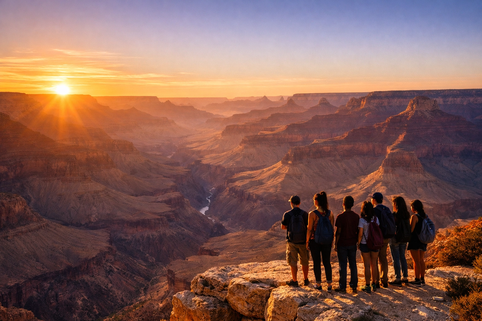 Students standing on a Grand Canyon overlook at sunset, discovering a sense of purpose through awe.