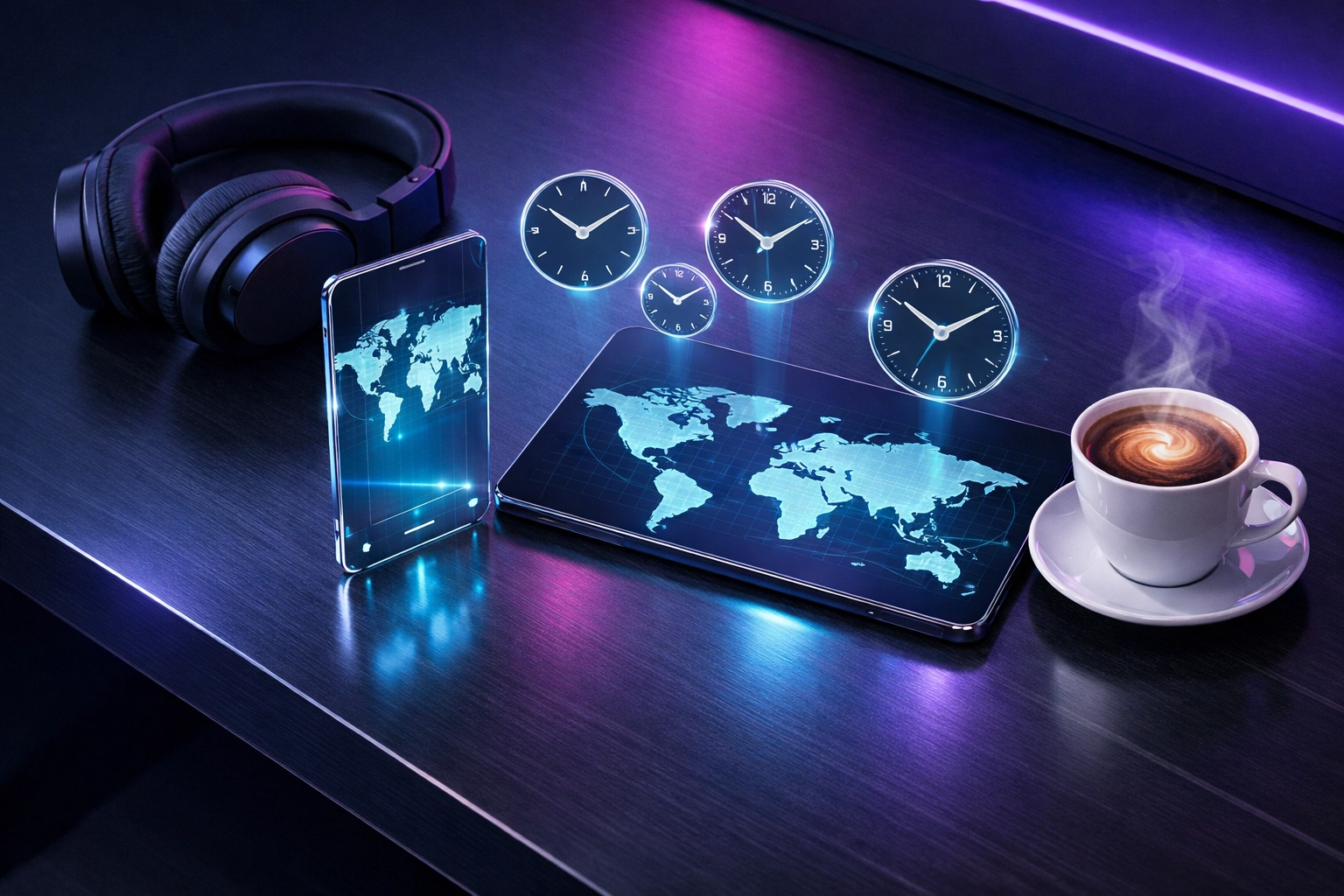 Digital workspace displaying tools to track what time is it in different cities and manage global time zones.