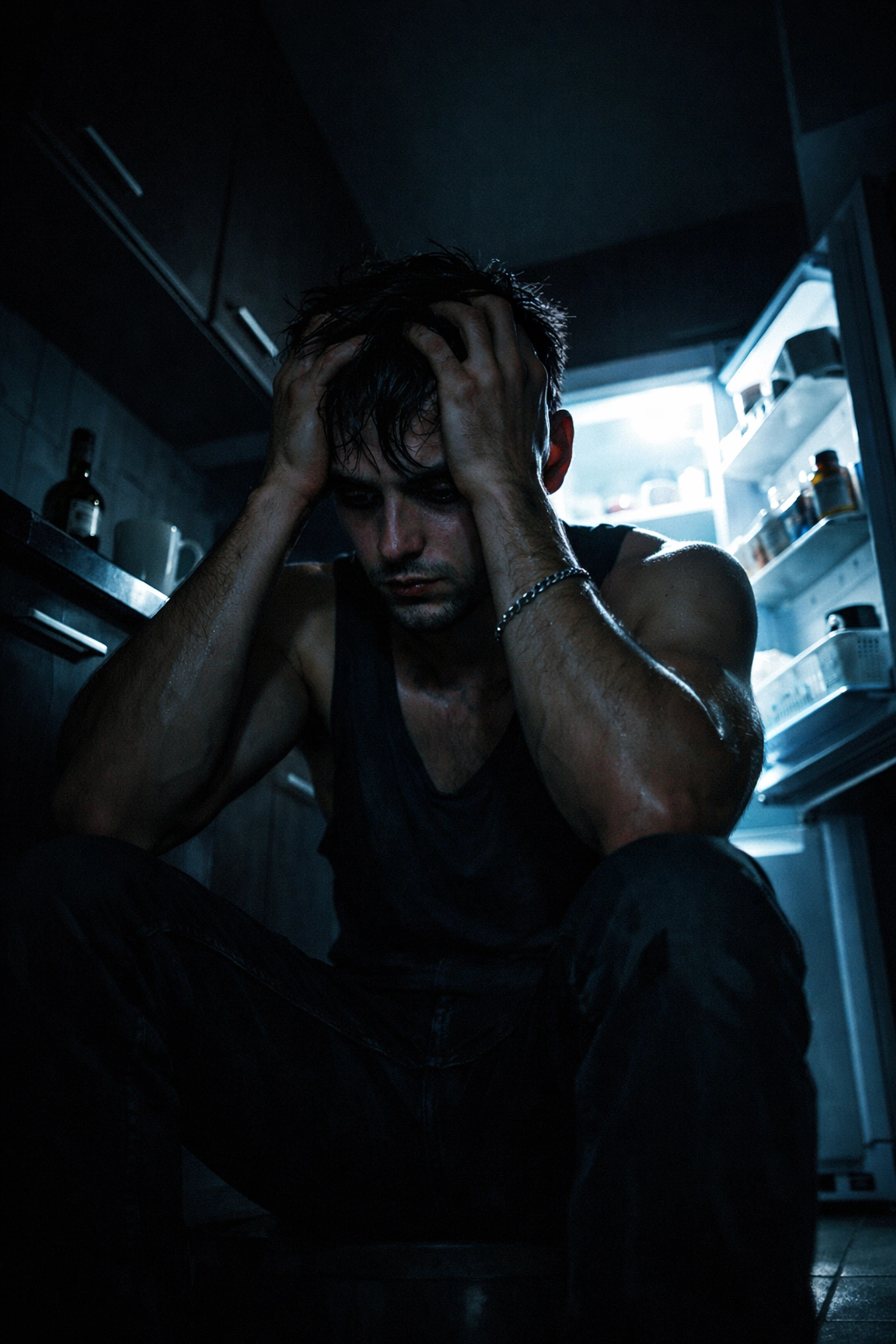 A physically drained man sits alone in a dark kitchen, representing the isolation and stress of secret addiction.