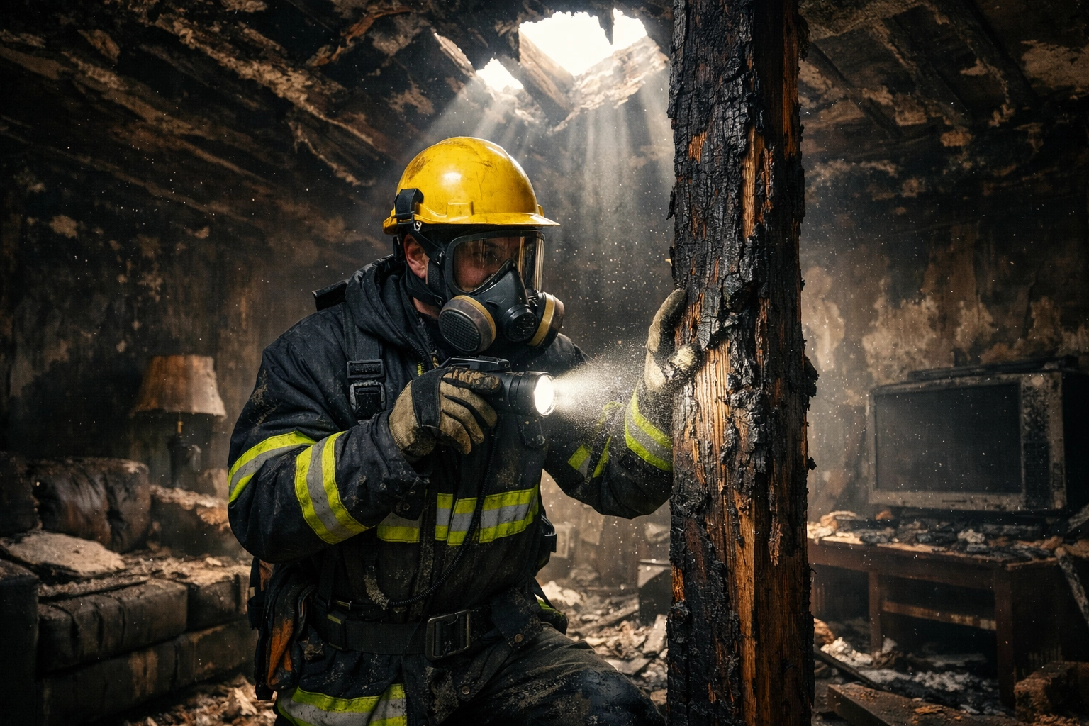 Fire damage restoration expert inspecting a charred support beam in a damaged living room.