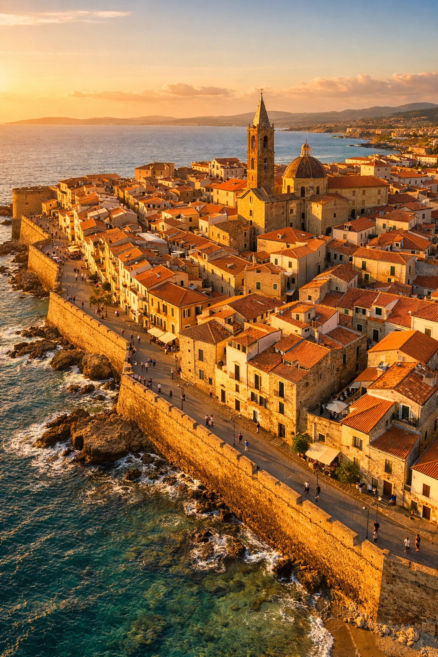 Alghero medieval old town in North West Sardinia with terracotta rooftops and seafront