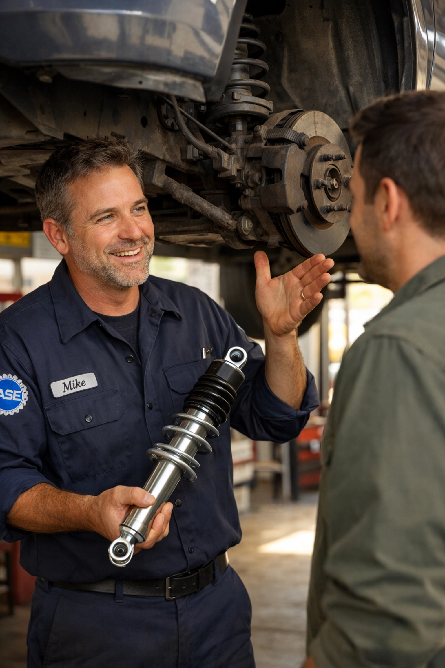ASE-certified mechanic at Nate's Gona Fix It showing a new shock absorber to a customer.