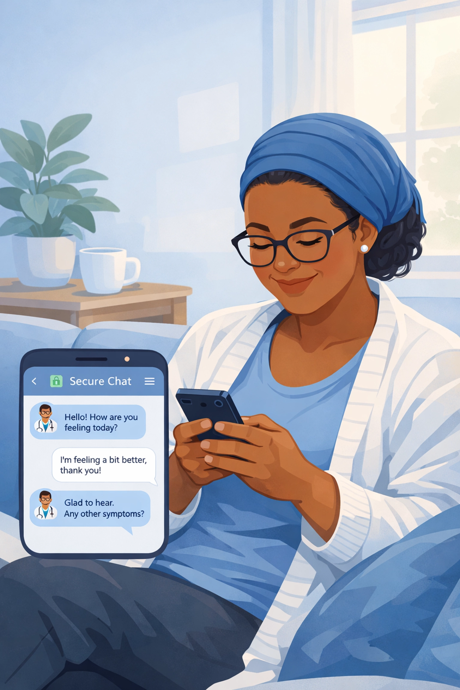 Patient texting with doctor from home using smartphone for online medical consultation