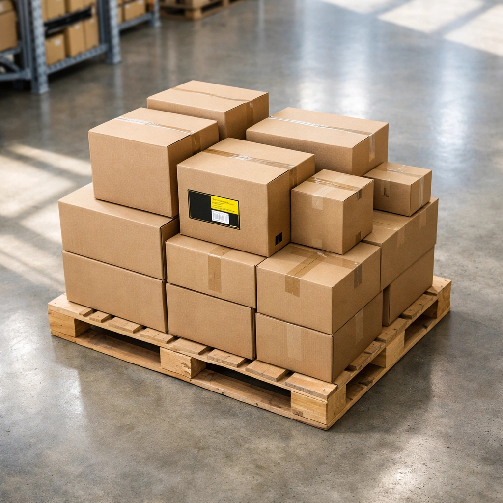 Wholesale inventory on a pallet in a distribution warehouse for commission-free B2B sourcing.