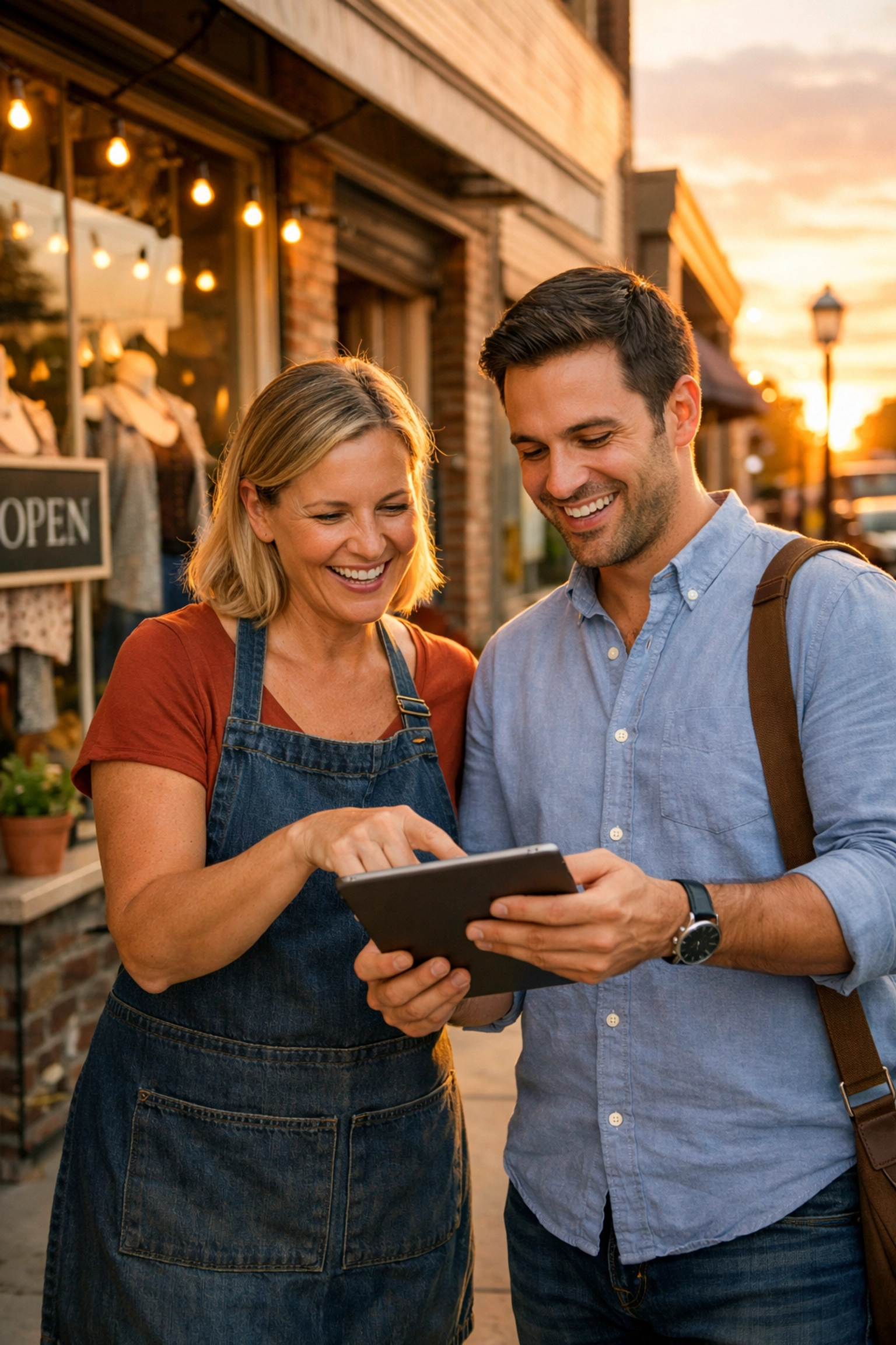 Small business owner and digital marketing consultant reviewing local seo services outside a store.