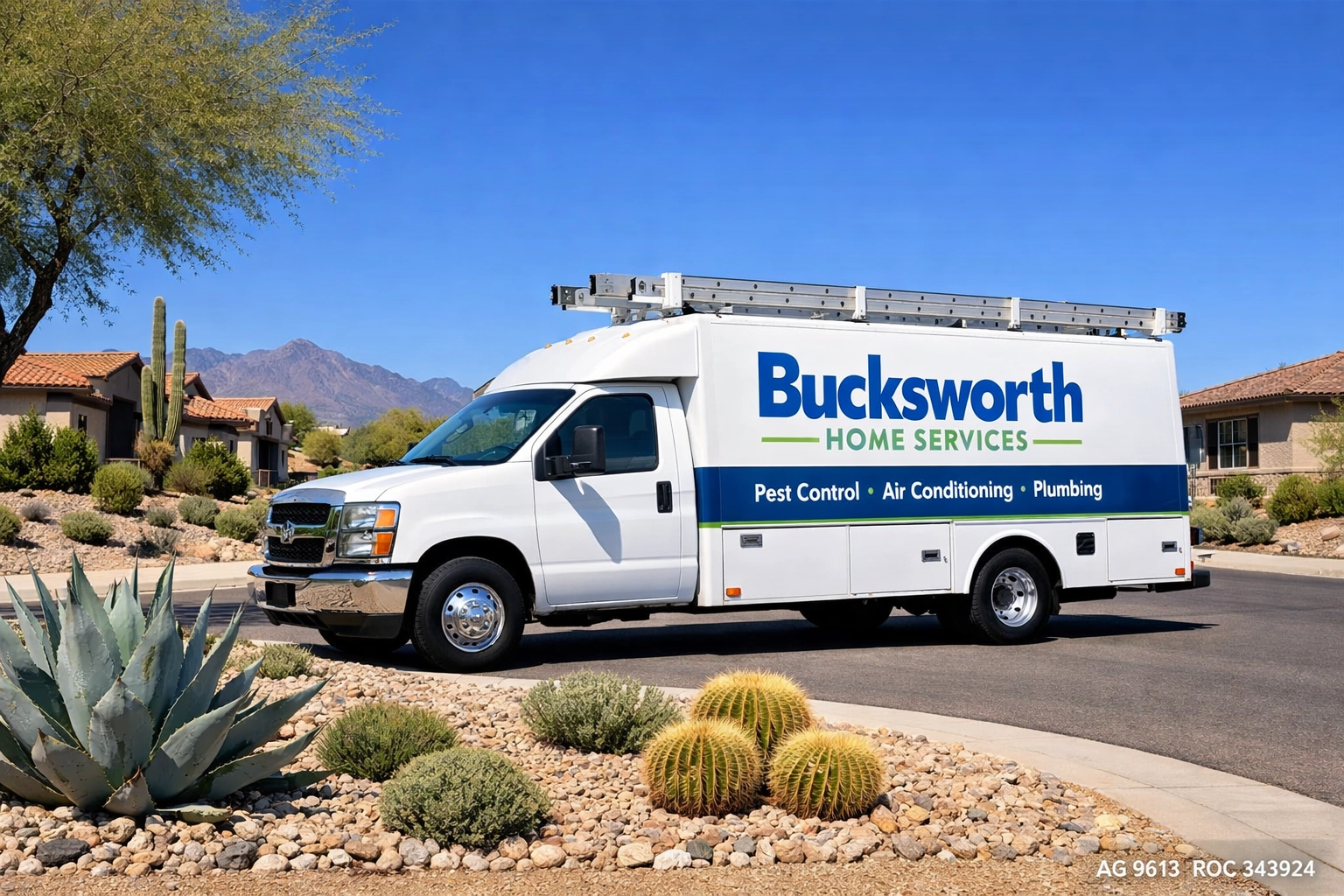 Bucksworth Home Services truck in a Vail AZ neighborhood with weed-free desert landscaping.