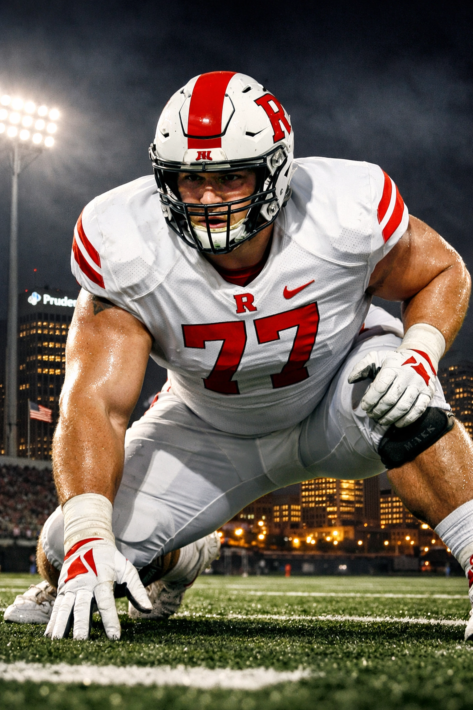 Young offensive lineman in Rutgers uniform on football field with Newark skyline
