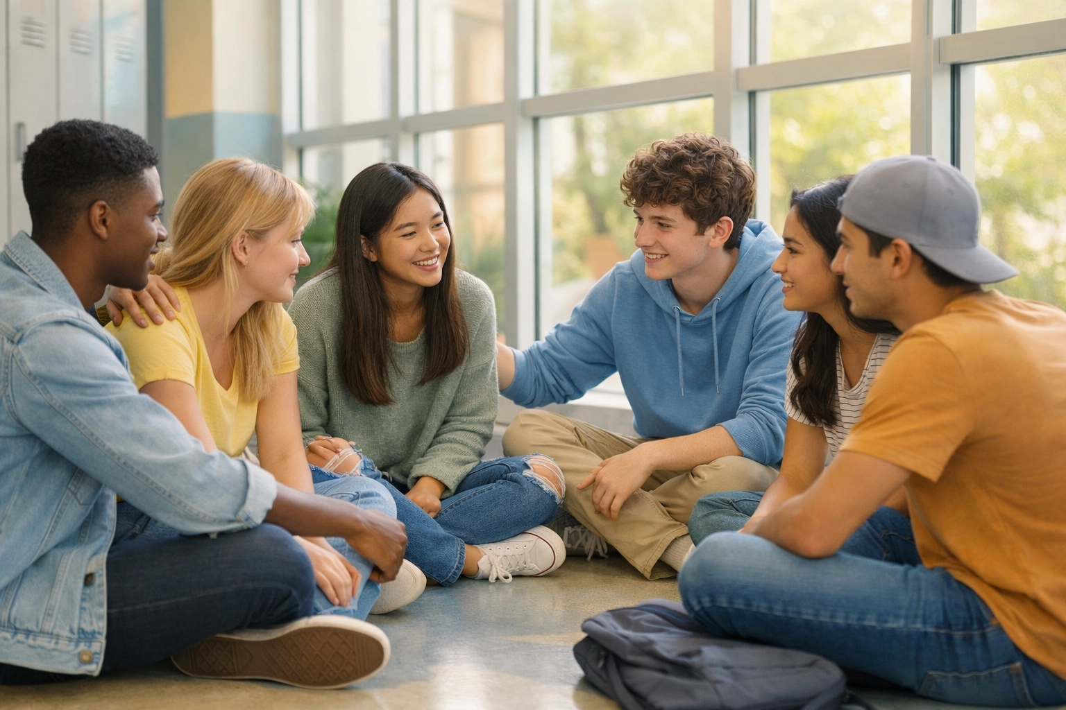 High school students in peer support circle discussing mental health in school hallway