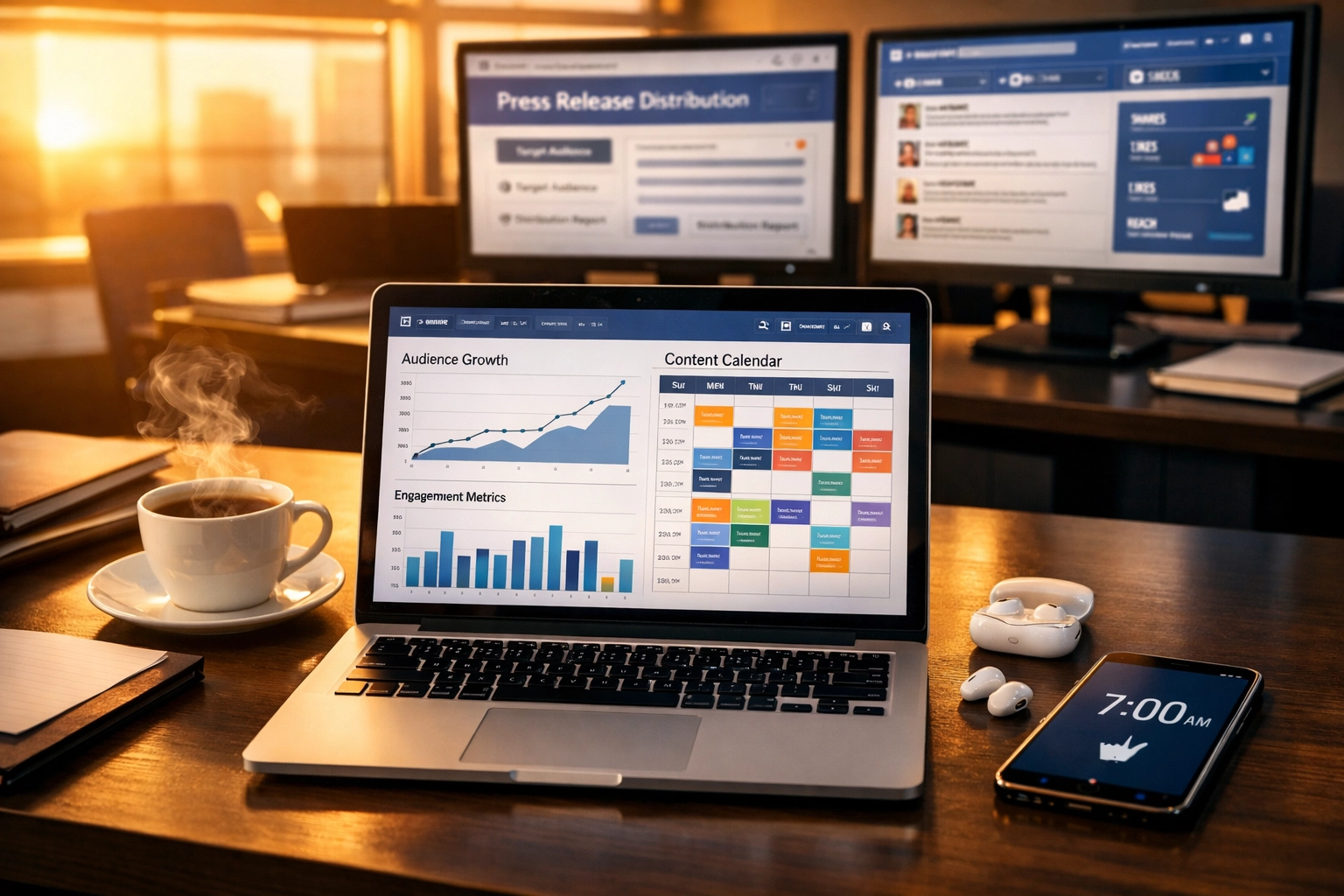 7 AM press release automation dashboard showing scheduled content and media distribution for brand partnerships