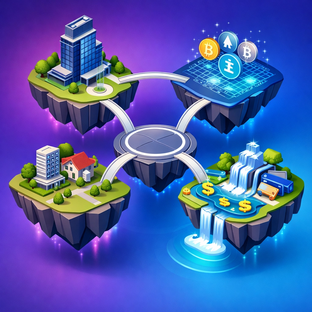 Interconnected investment strategy ecosystem showing private equity, crypto, and real estate diversification