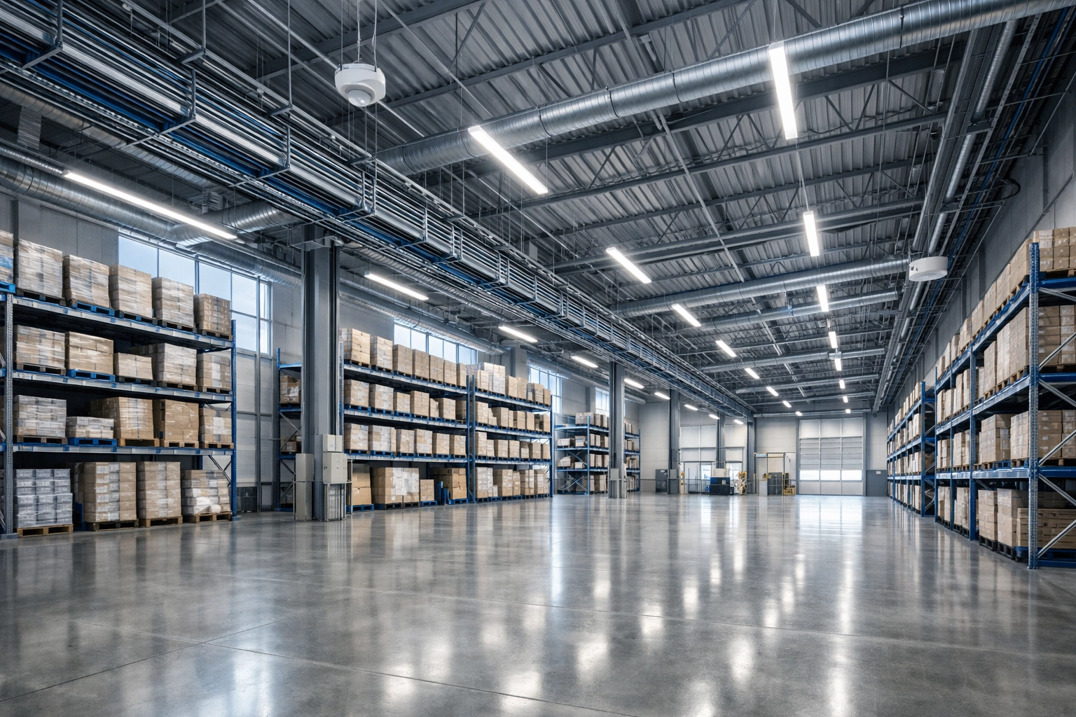 Modern industrial warehouse interior in Florida with high ceilings and technology infrastructure