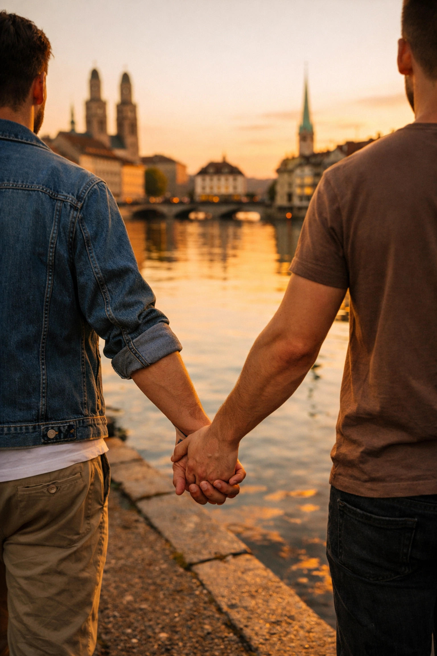 Gay couple holding hands walking along Limmat River in Zurich at sunset