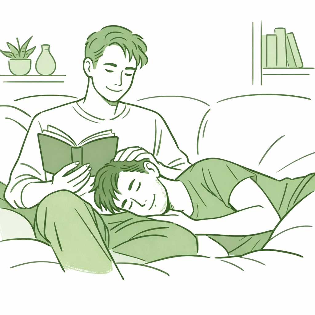 MM couple sharing a quiet moment reading gay literature together in a minimalist green art style.