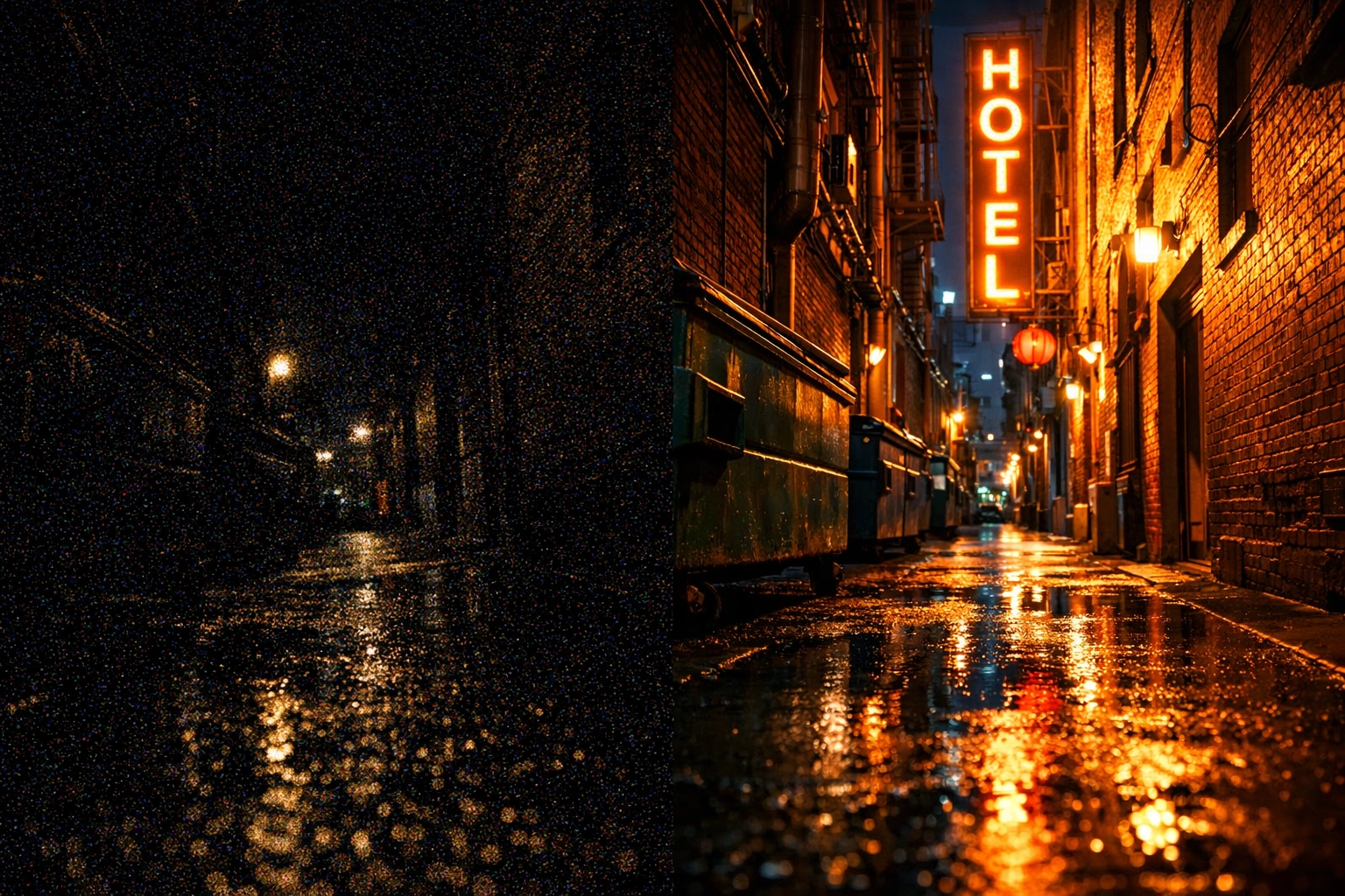 Comparing underexposed and properly exposed alleyway photos while learning how to use manual mode camera.