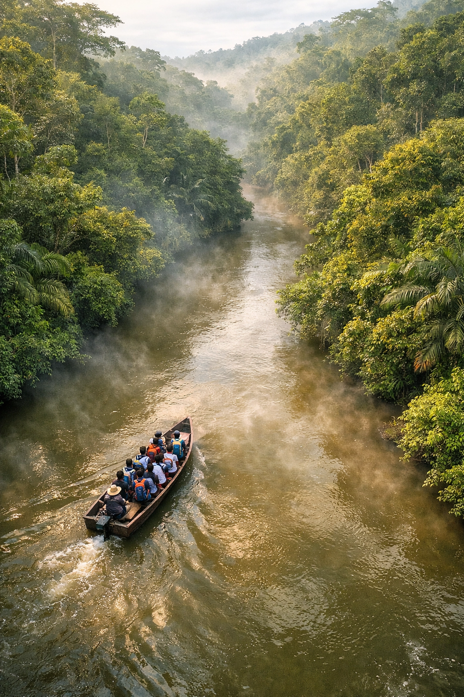 Student group traveling by boat through Belize rainforest to archaeological sites