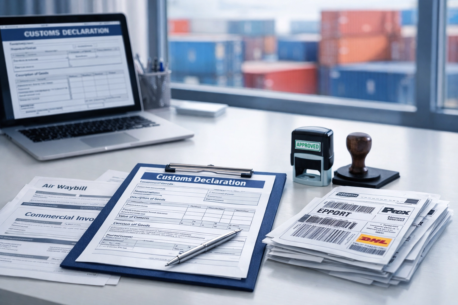 Organized customs documentation and shipping forms on desk at UK customs facility