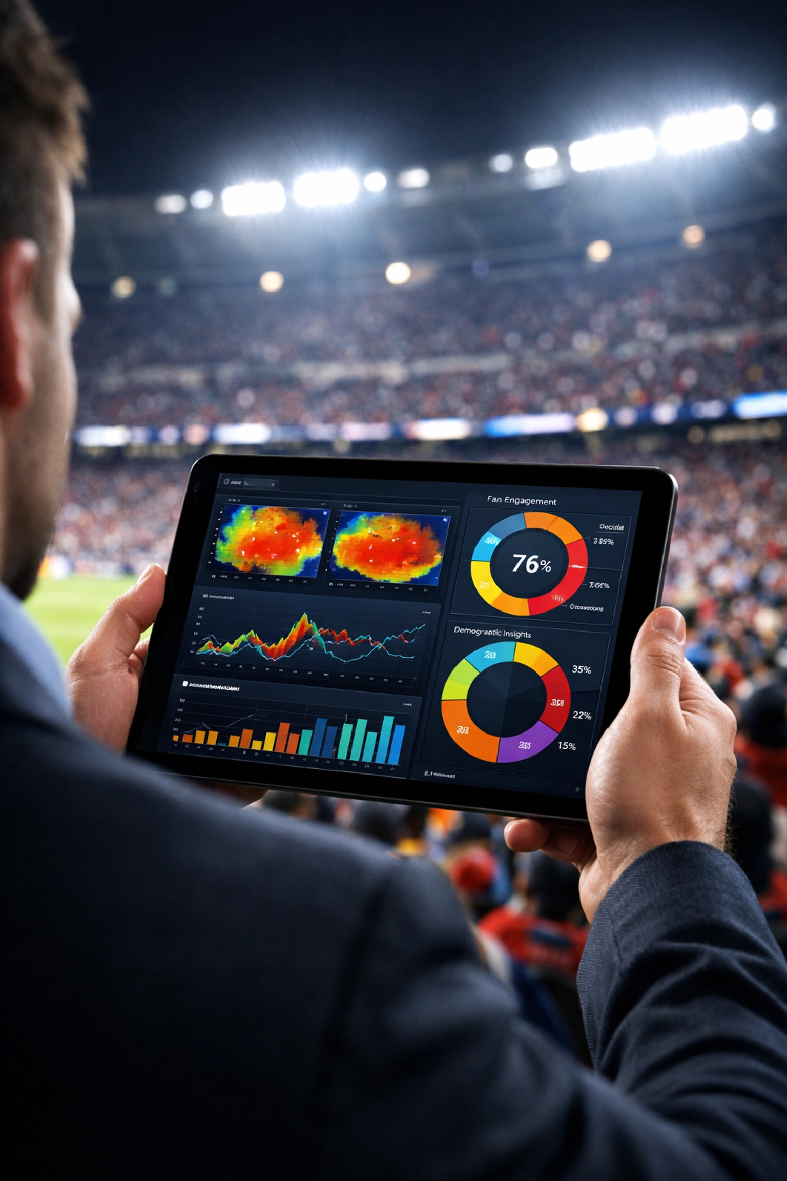 Real-time DOOH analytics and fan engagement data displayed on a tablet inside a crowded sports stadium.