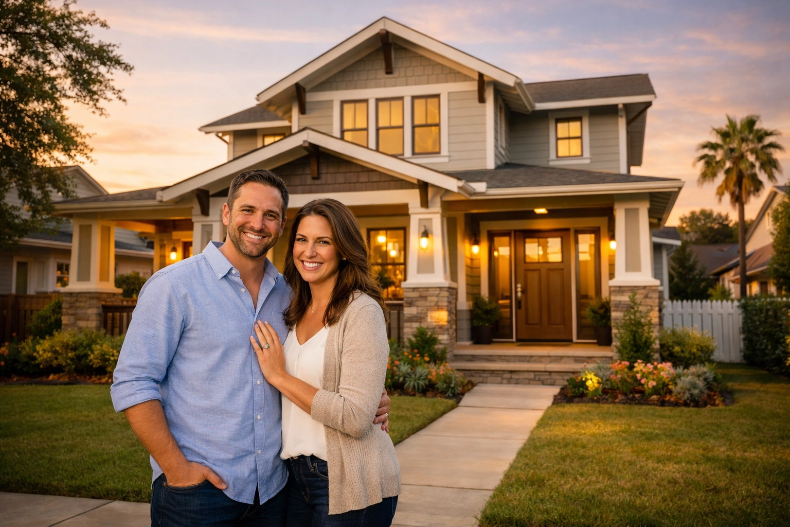 Houston homebuyers celebrating outside a craftsman home after a successful bank statement loan.