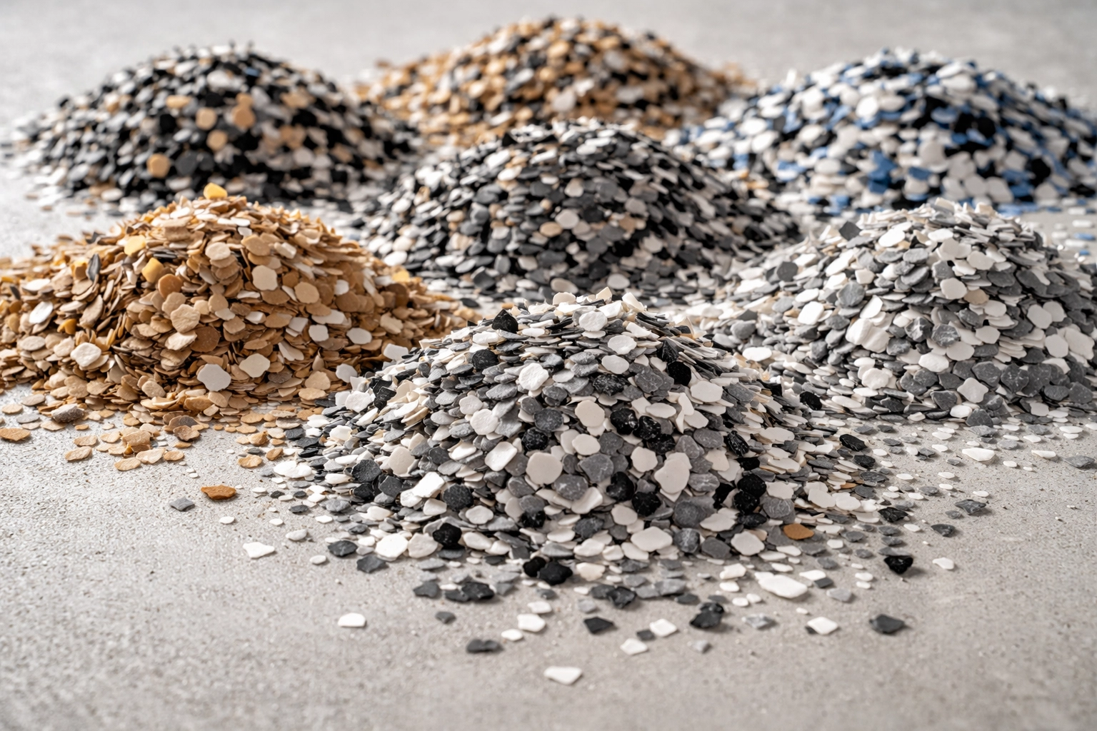 Polymer flake samples showing various color options for residential garage epoxy floors