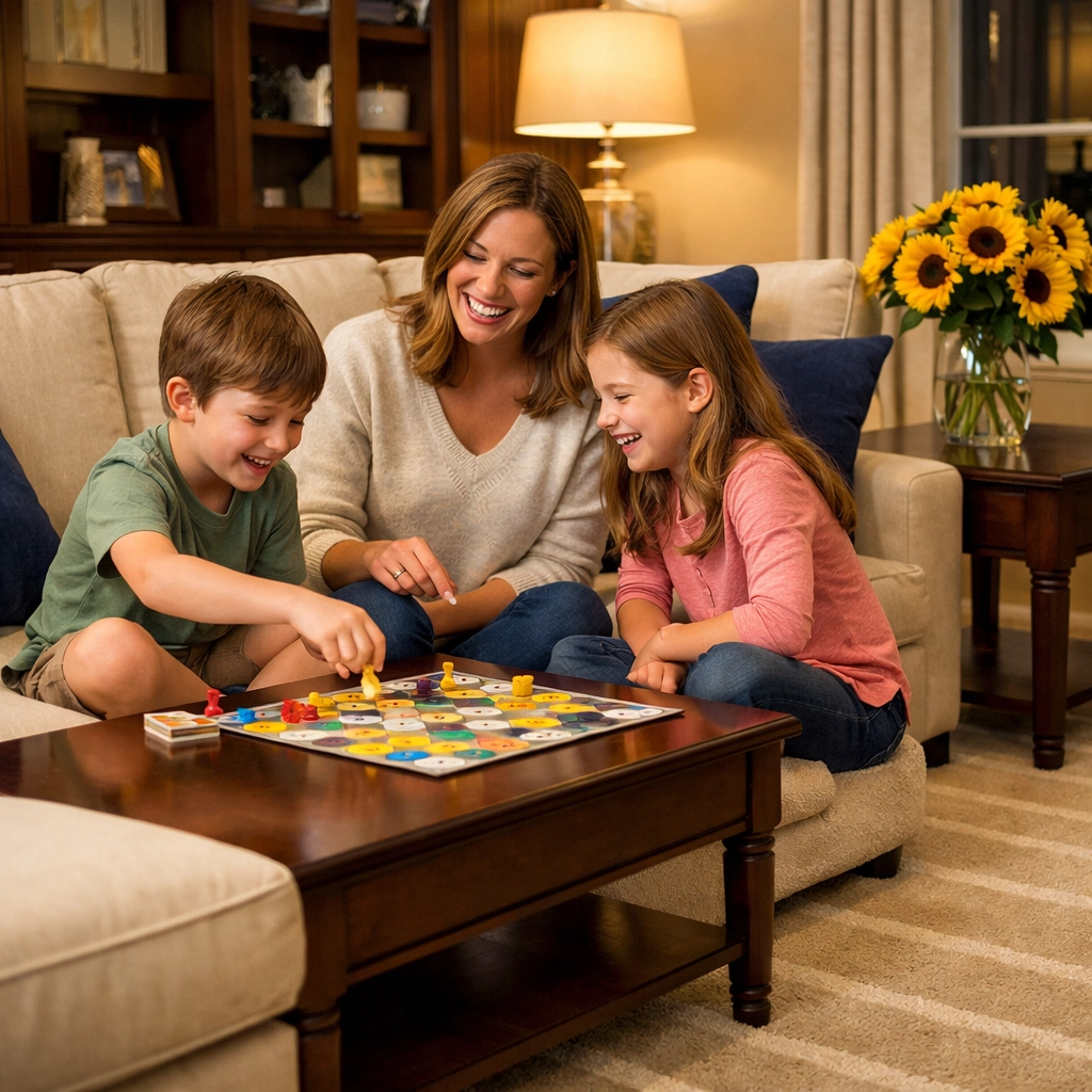 Happy family relaxing in a dust-free Westborough living room after a successful professional house cleaning.
