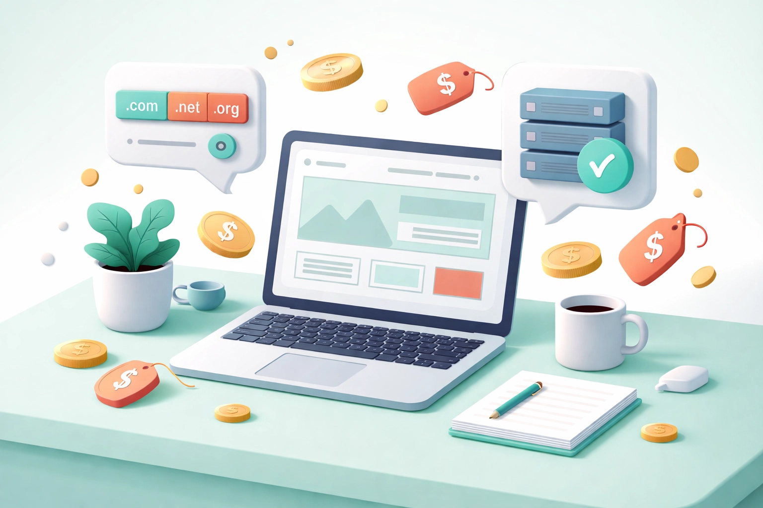 Minimalist laptop desk with floating icons and coins illustrating affordable affiliate website setup costs under $100.