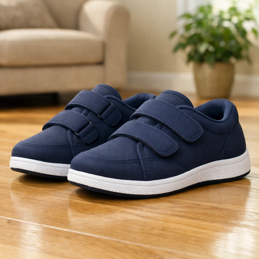Supportive indoor shoes with non-slip soles on a wooden floor for senior fall prevention.