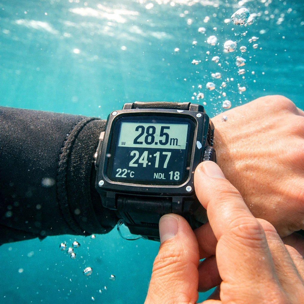 Taucher bedient eigenen Tauchcomputer unter Wasser - Vertrautheit mit Equipment