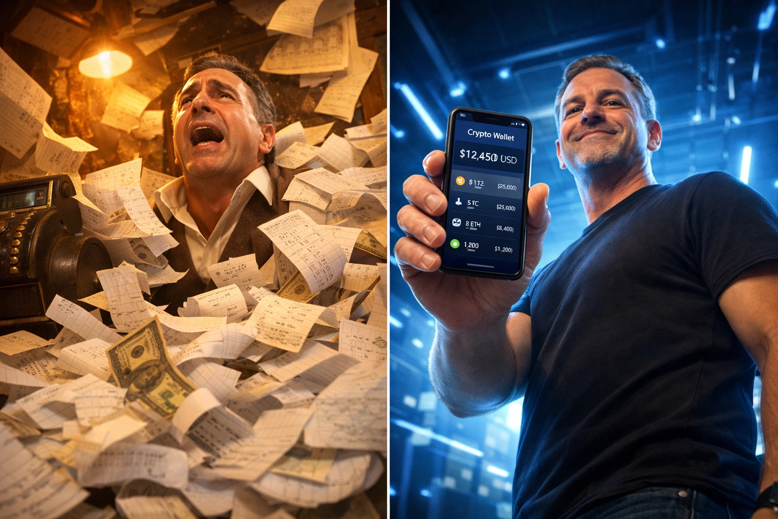 Traditional merchant buried in paper receipts versus modern self-custody digital wallet user