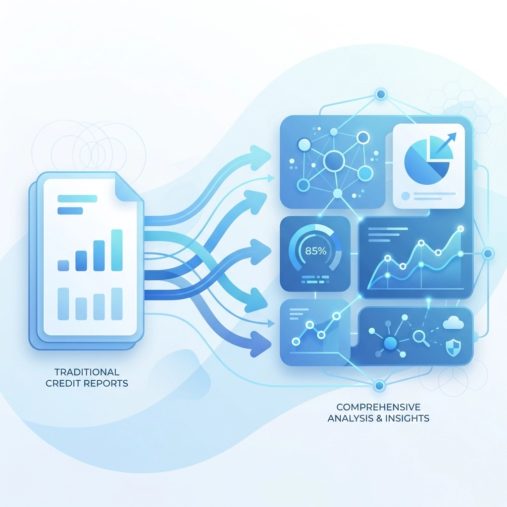 Illustration showing evolution from traditional credit reports to AI-driven risk analysis for B2B relationships
