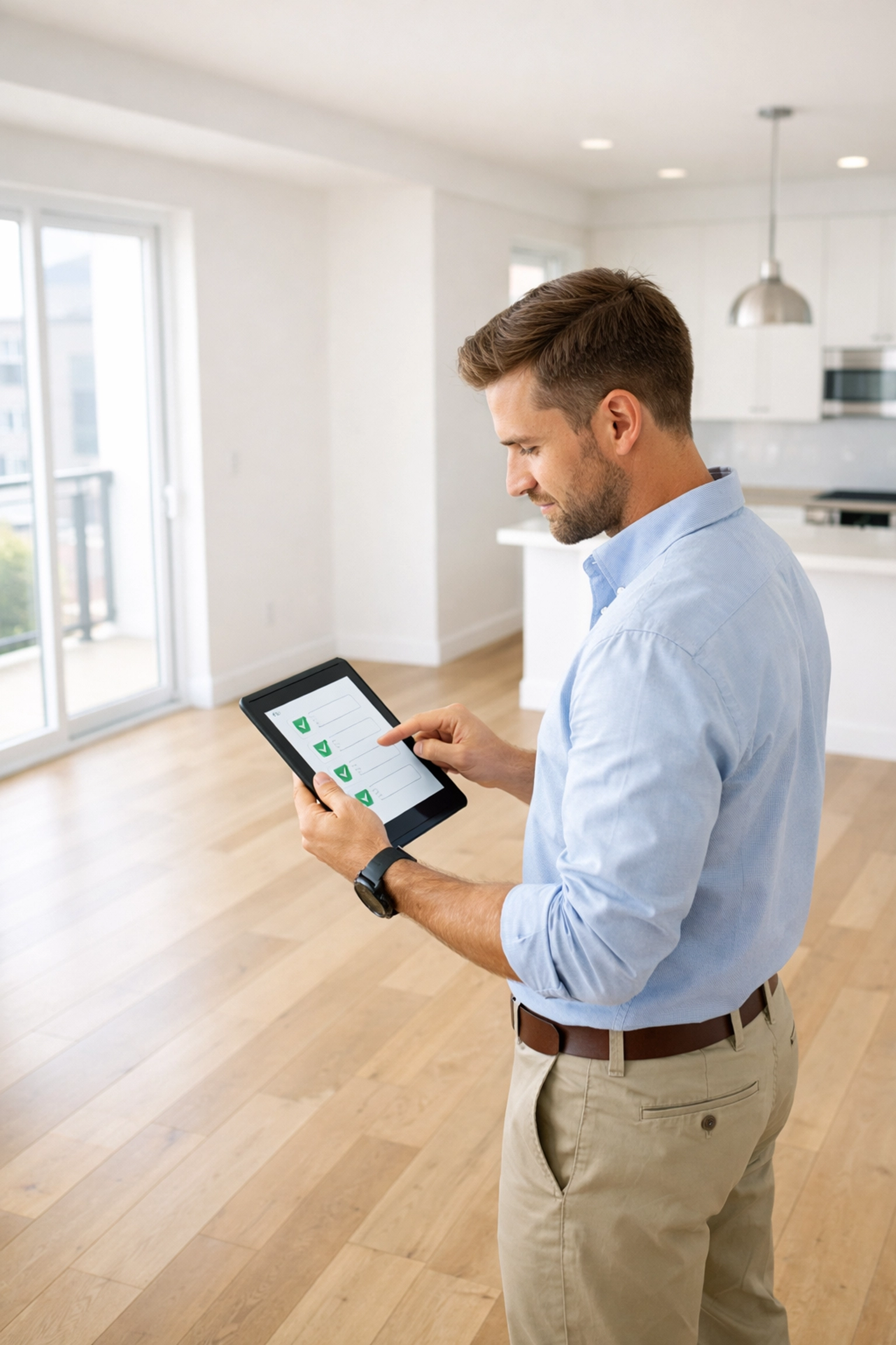 Property manager with tablet reviewing turnover checklist in empty apartment unit