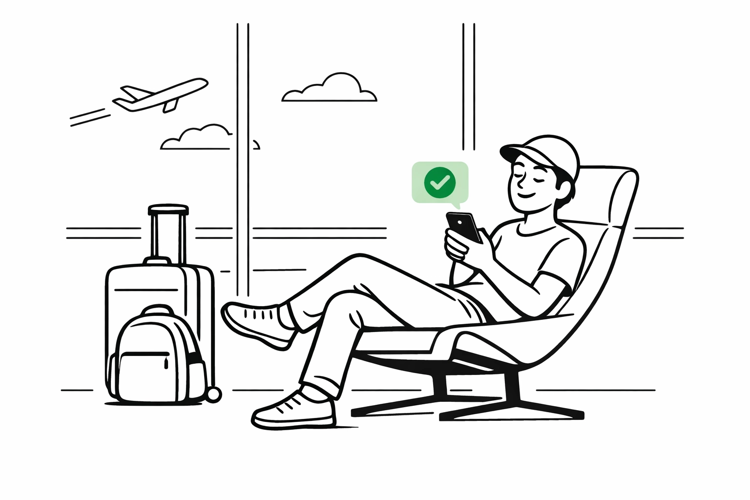 Relaxed traveler in airport lounge with automatic flight refund confirmation on device