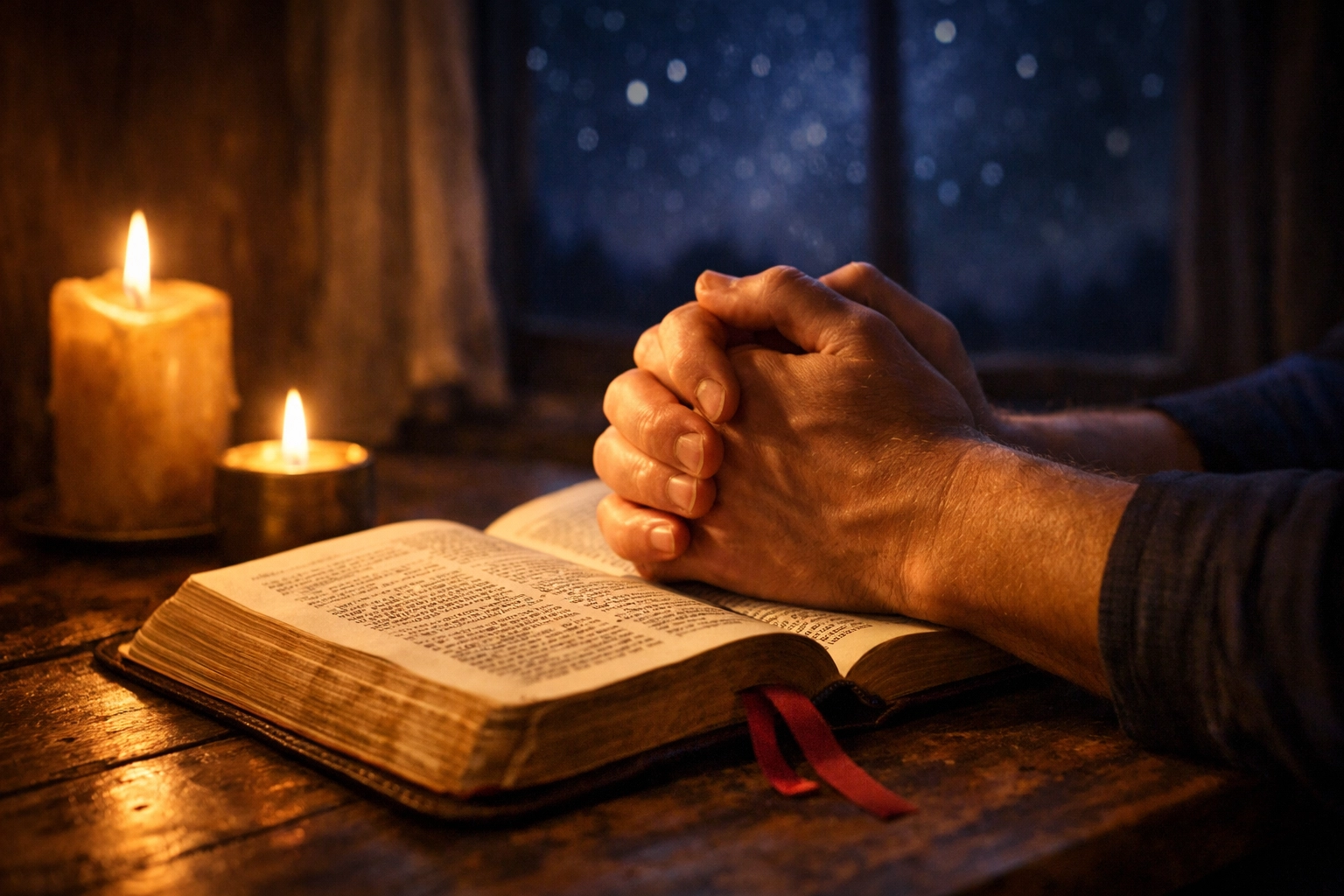 Hands folded in prayer over open Bible by candlelight for nighttime peace and intercession