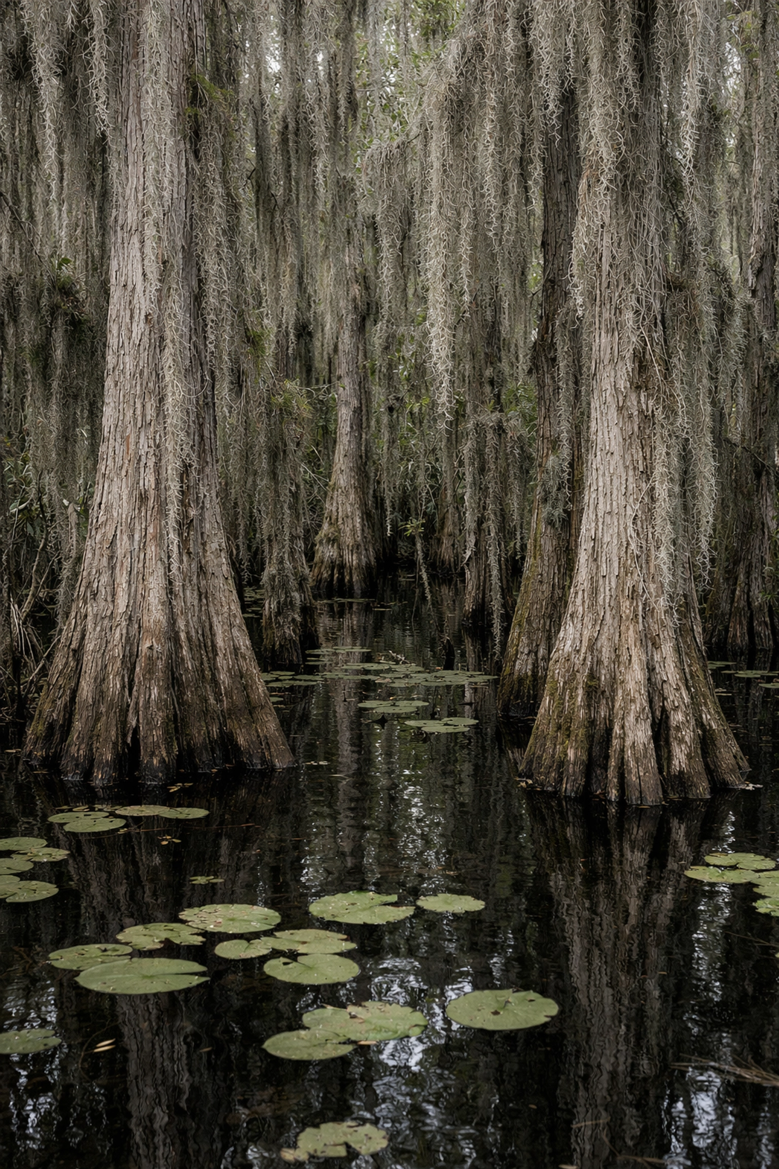 Ethereal cypress trees with Spanish moss reflecting in still water at Big Cypress National Preserve.